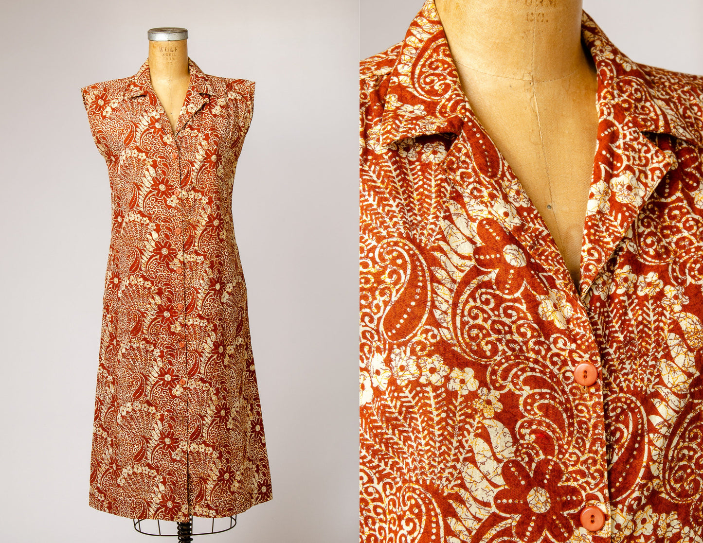 1970s Batik Cotton Dress Button Down Hawaiian Sleeveless Dress