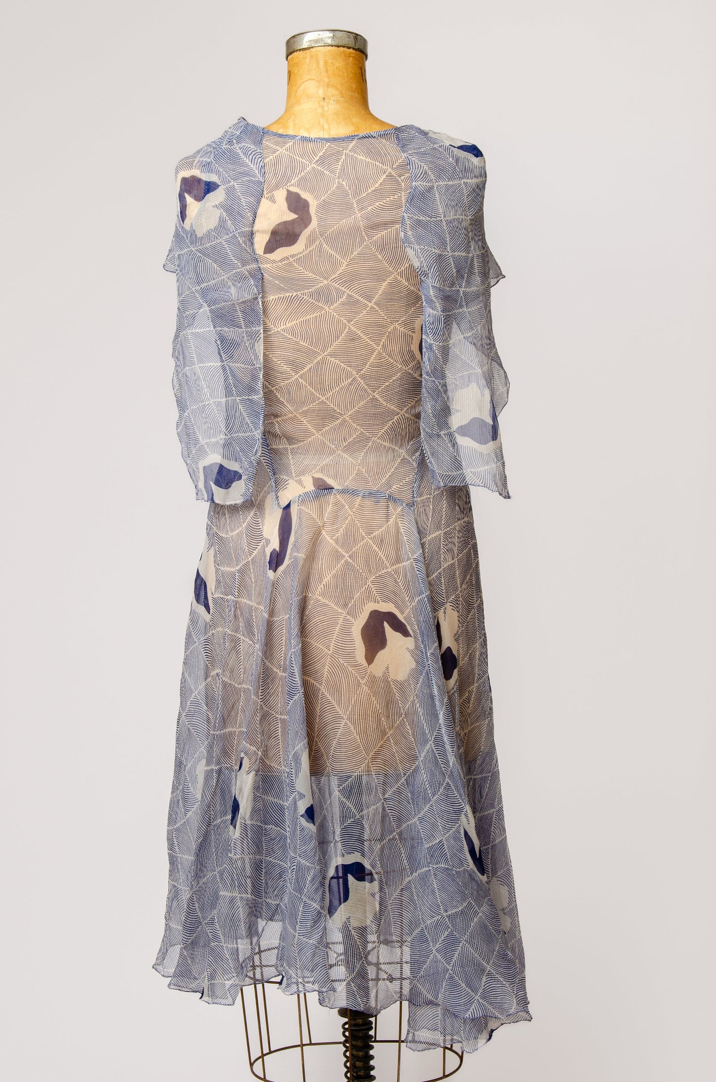 1920s Silk Floral Flapper Dress Sheer Blue Drop Waist Dress