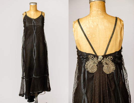 1920s Flapper Dress Black Lace Rhinestone Open Back Dress