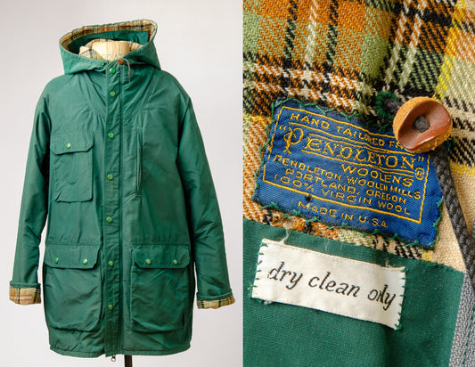 1980s 60/40 Flannel Lined Parka Forest Green Pendleton Anorak Hooded Mountain Jacket