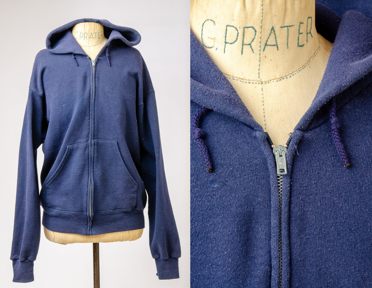 Vintage Distressed Sweatshirt Navy Blue Hooded Cotton Zip Up Hoodie Sweatshirt