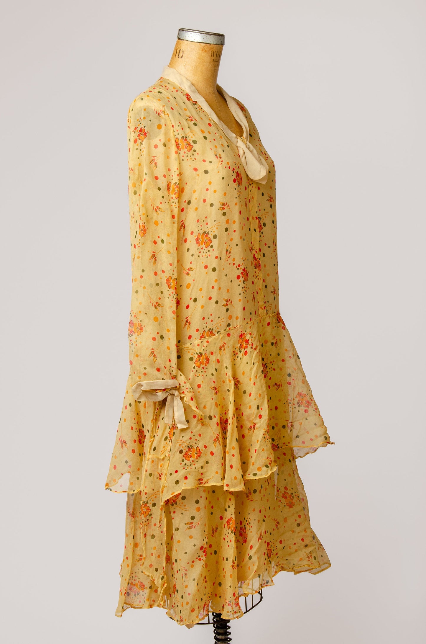 1920s Silk Chiffon Watercolor Print Drop Waist Garden Dress