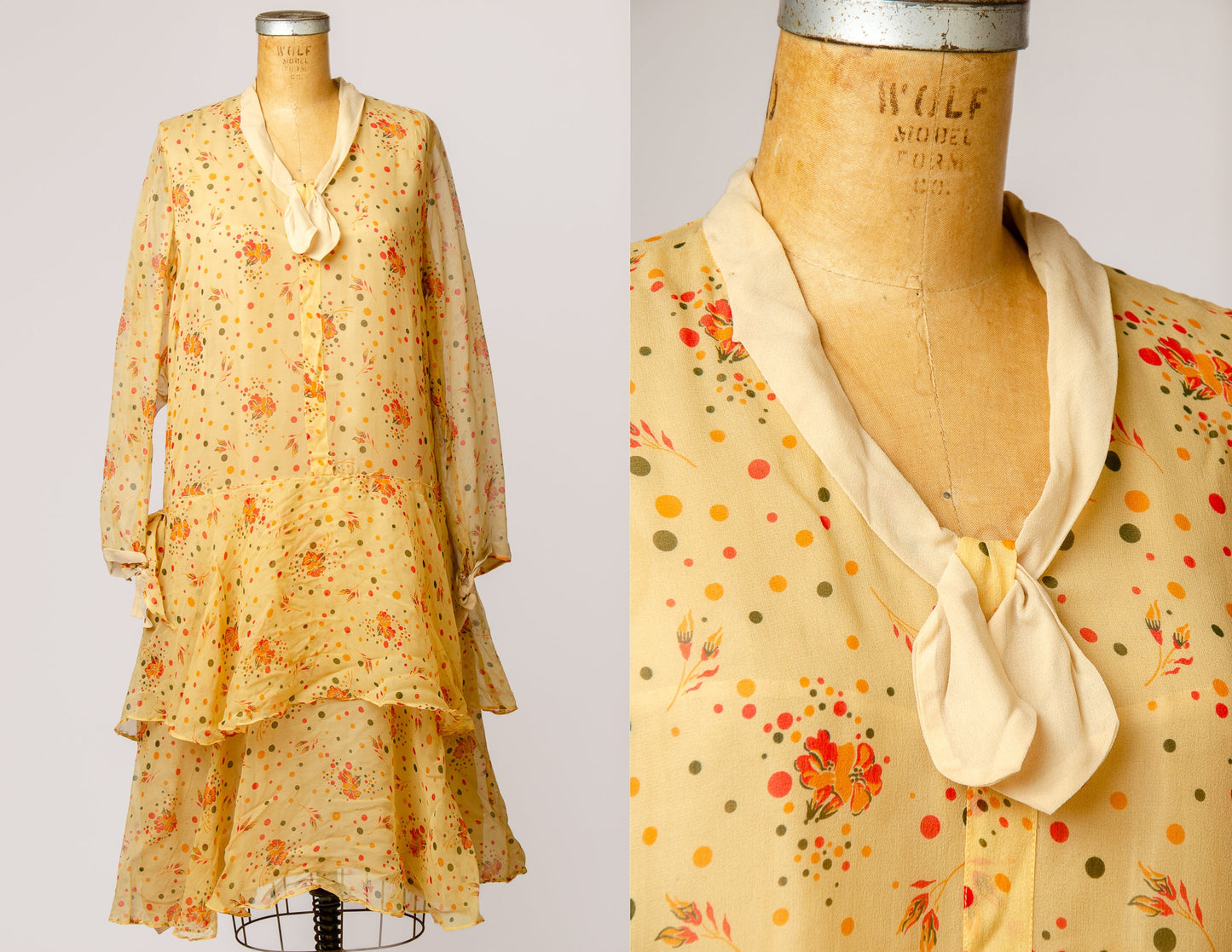 1920s Silk Chiffon Watercolor Print Drop Waist Garden Dress