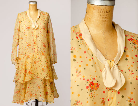 1920s Silk Chiffon Watercolor Print Drop Waist Garden Dress