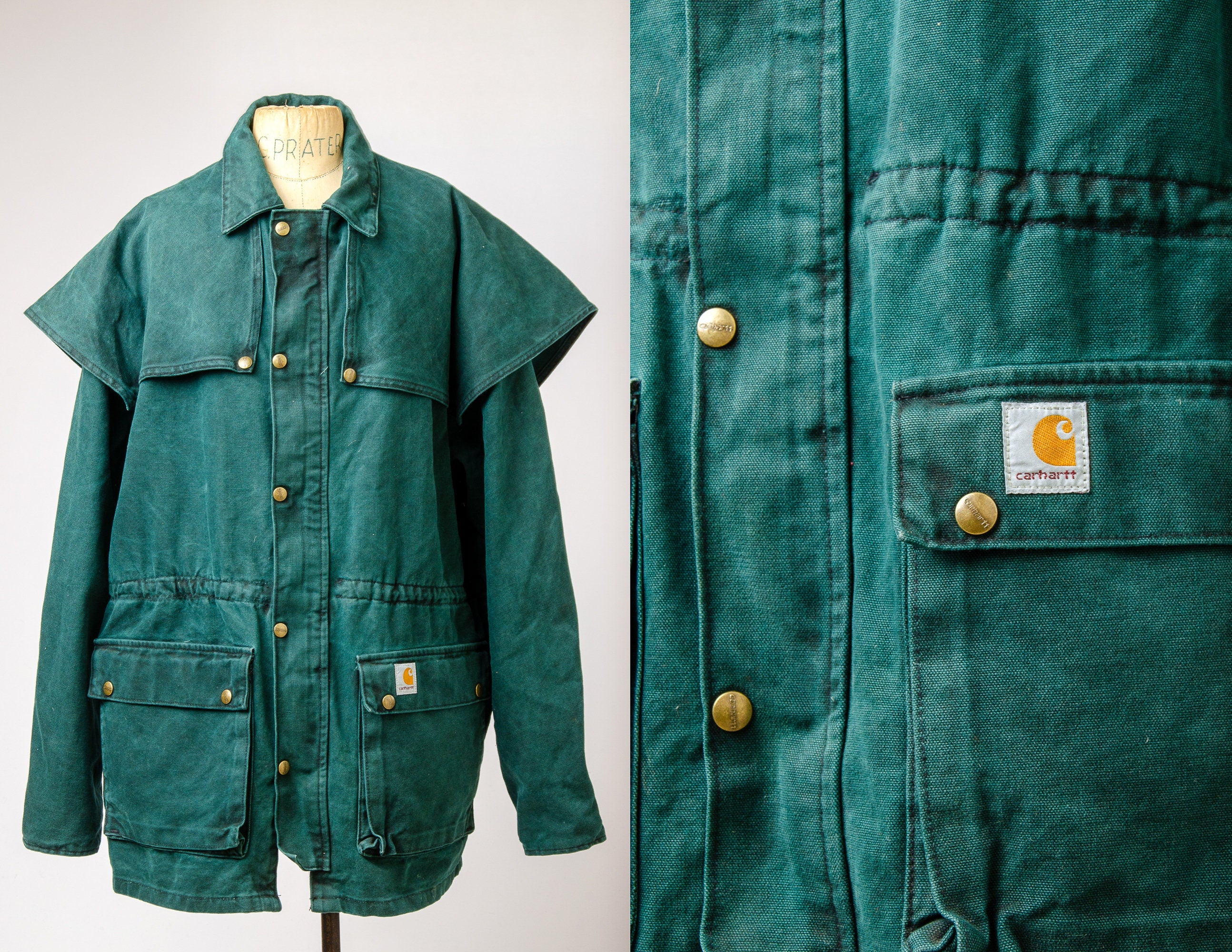 Vintage Carhartt Storm Shield Duck Jacket Green Heavy Denim Lined Dust Roslyn Trading