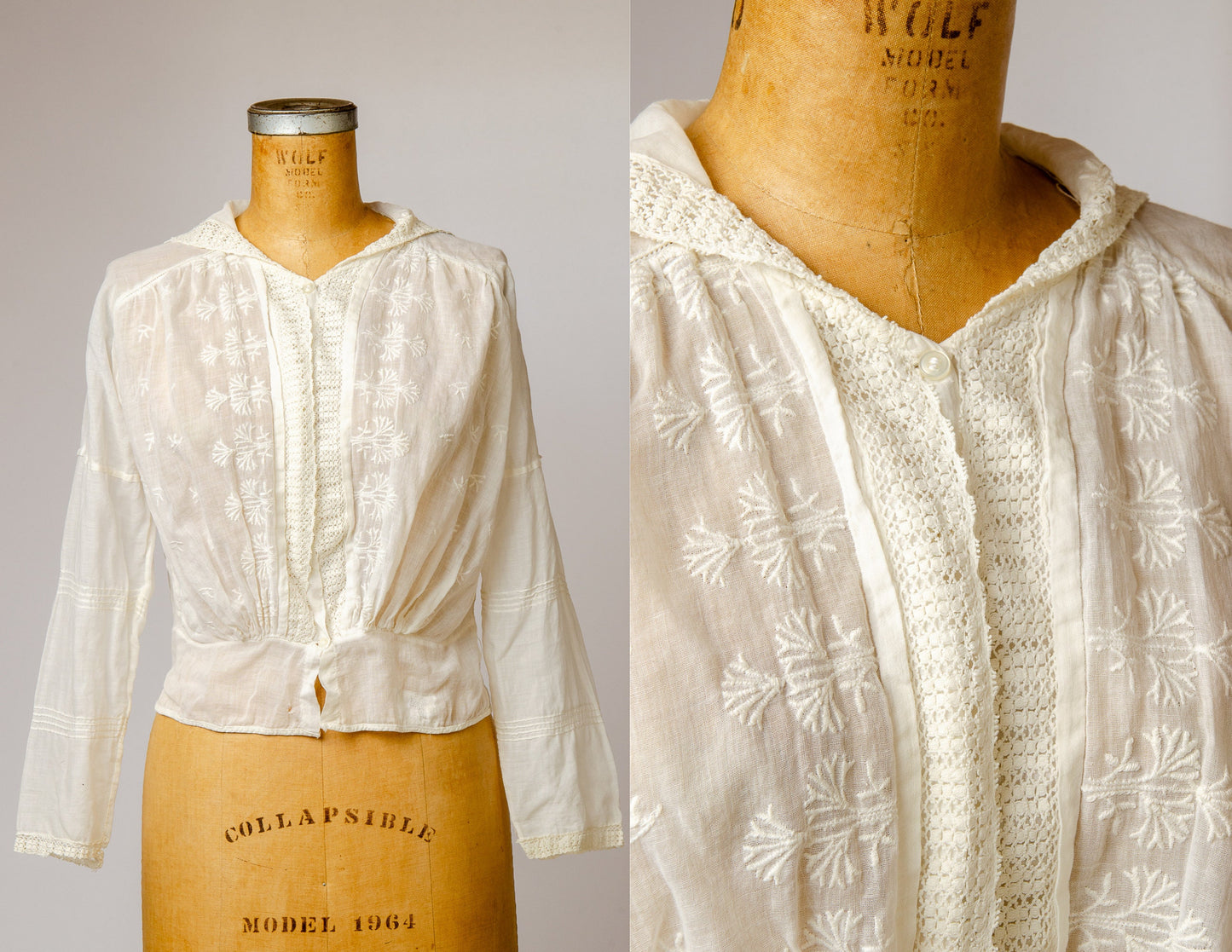 Edwardian Cotton Blouse White Batiste Embroidered Button Up Blouse