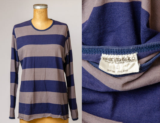 1970s Marimekko Stripe Blue and Grey Cotton Long Sleeve Shirt