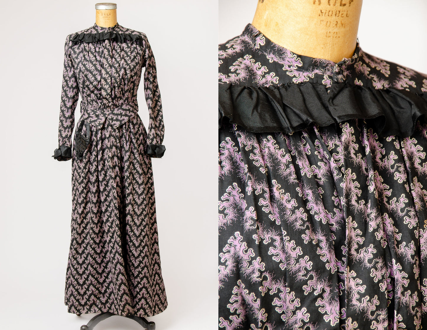 Edwardian Pioneer Dress Black and Lavender Cotton Folk Dress