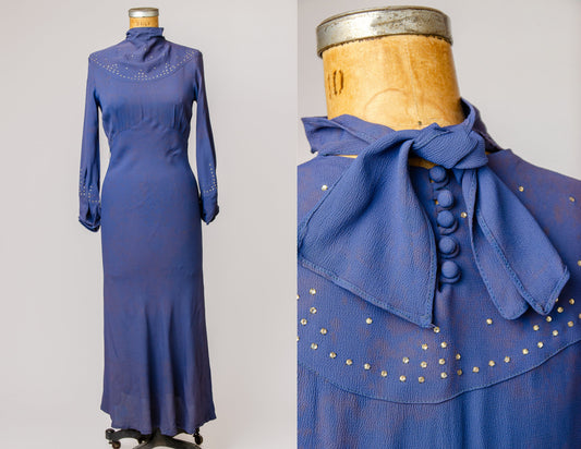 1940s Rhinestone Deco Dress Blue Rayon Full Length Balloon Sleeve Dress