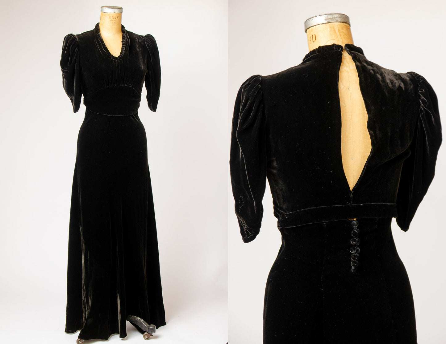 1940s Open Back Velvet Cocktail Dress Black Deco Formal Dress