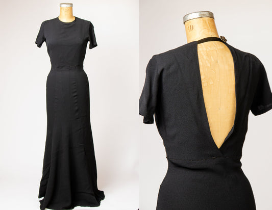 1940s Open Back Rayon Cocktail Dress Black Deco Formal Dress