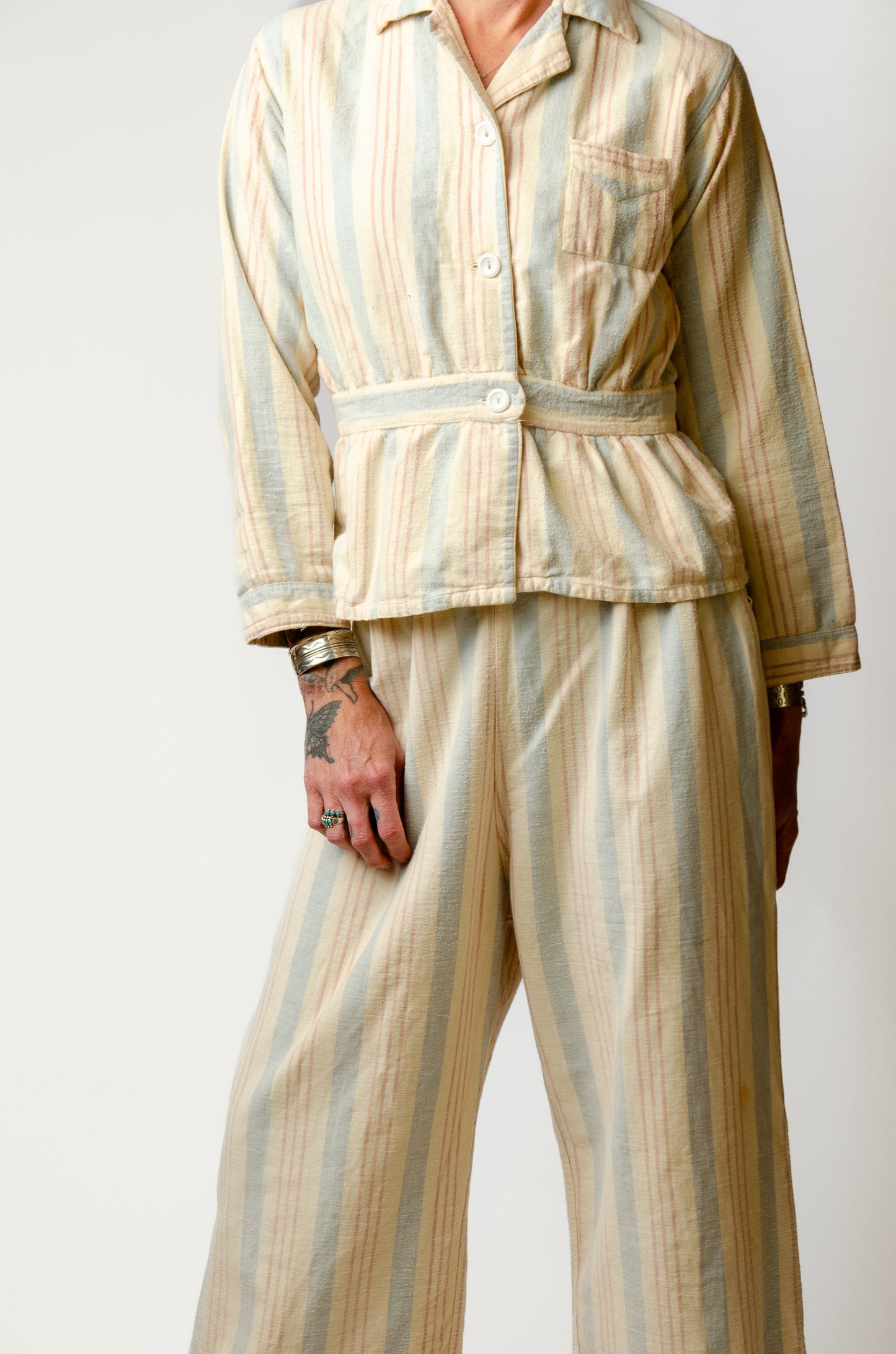 1940s Flannel Lounge Set Striped Cotton Deco Pajama Set