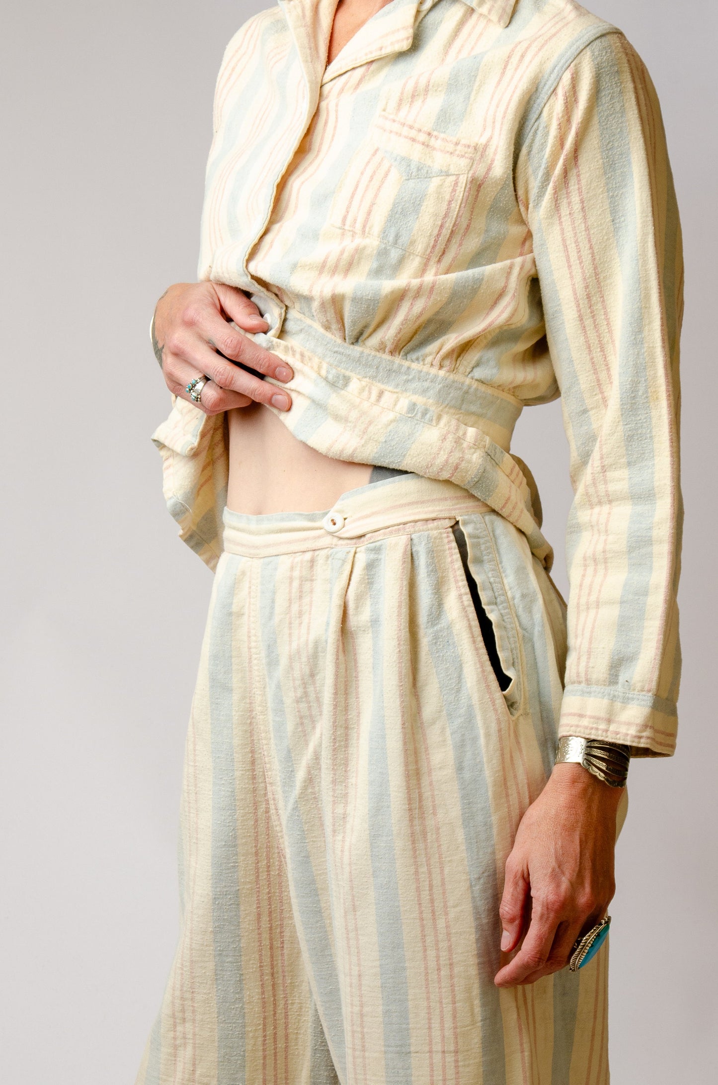 1940s Flannel Lounge Set Striped Cotton Deco Pajama Set