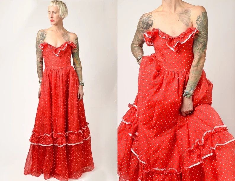 1970s Deadstock Gunne Sax Polka Dot Red & White Strapless Party Dress