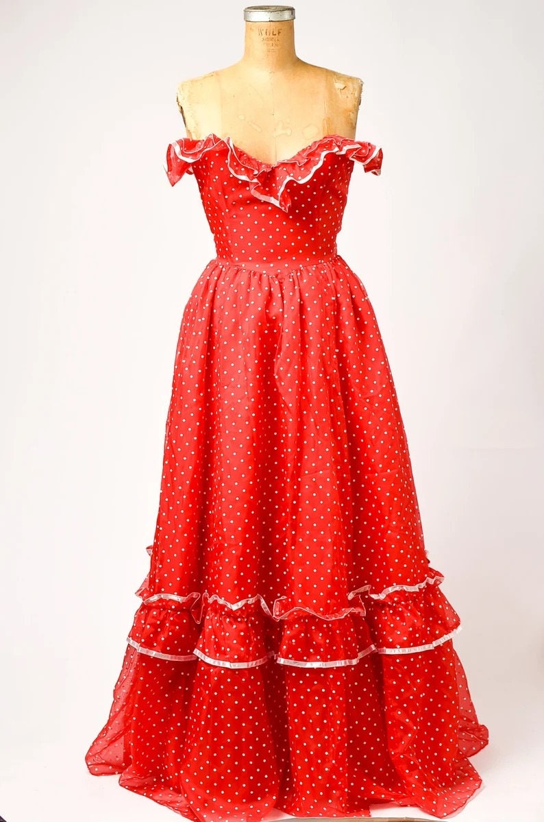 1970s Deadstock Gunne Sax Polka Dot Red & White Strapless Party Dress