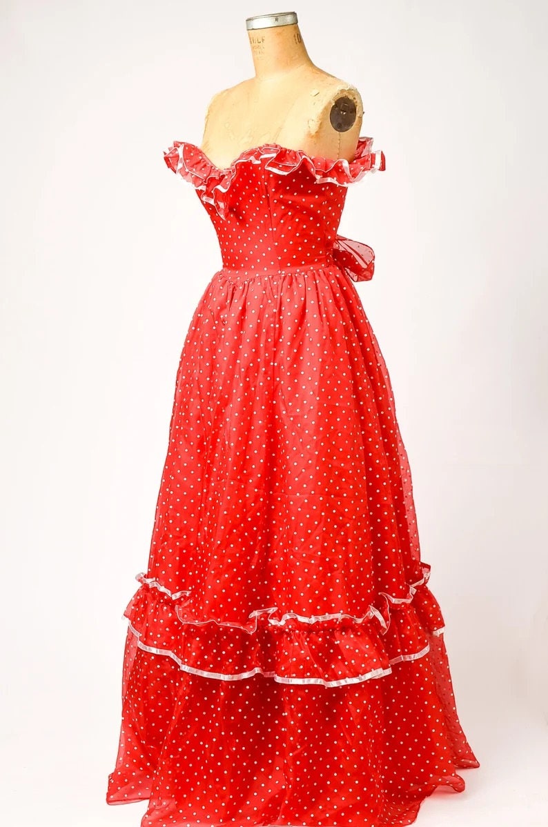 1970s Deadstock Gunne Sax Polka Dot Red & White Strapless Party Dress