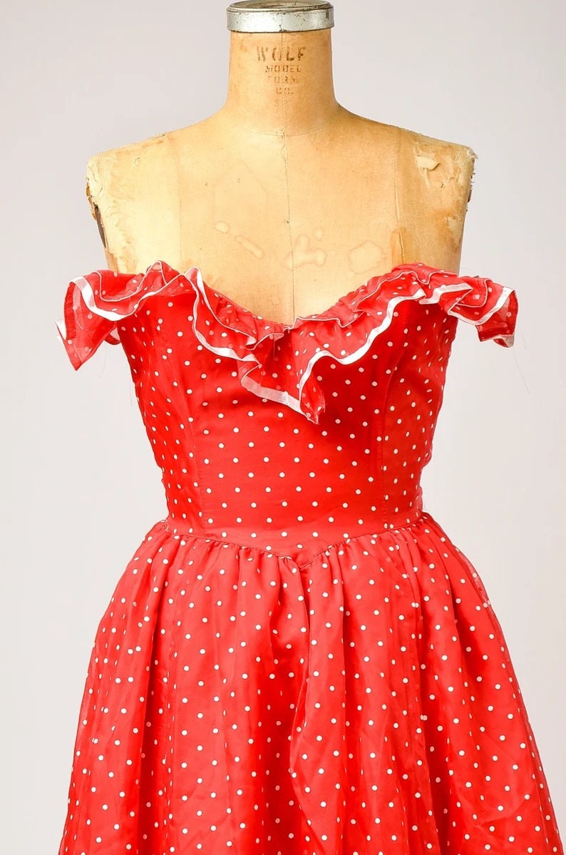 1970s Deadstock Gunne Sax Polka Dot Red & White Strapless Party Dress