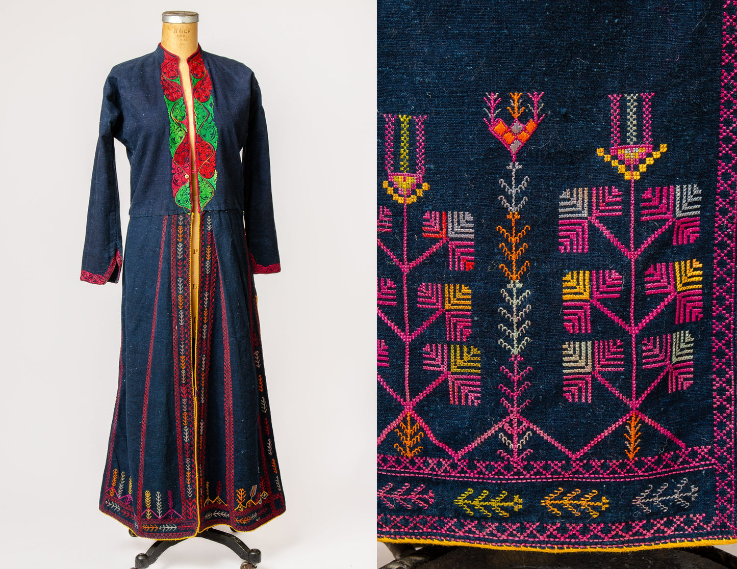 Antique Indigo Bedouin Coat Hand Embroidered Syrian Overcoat