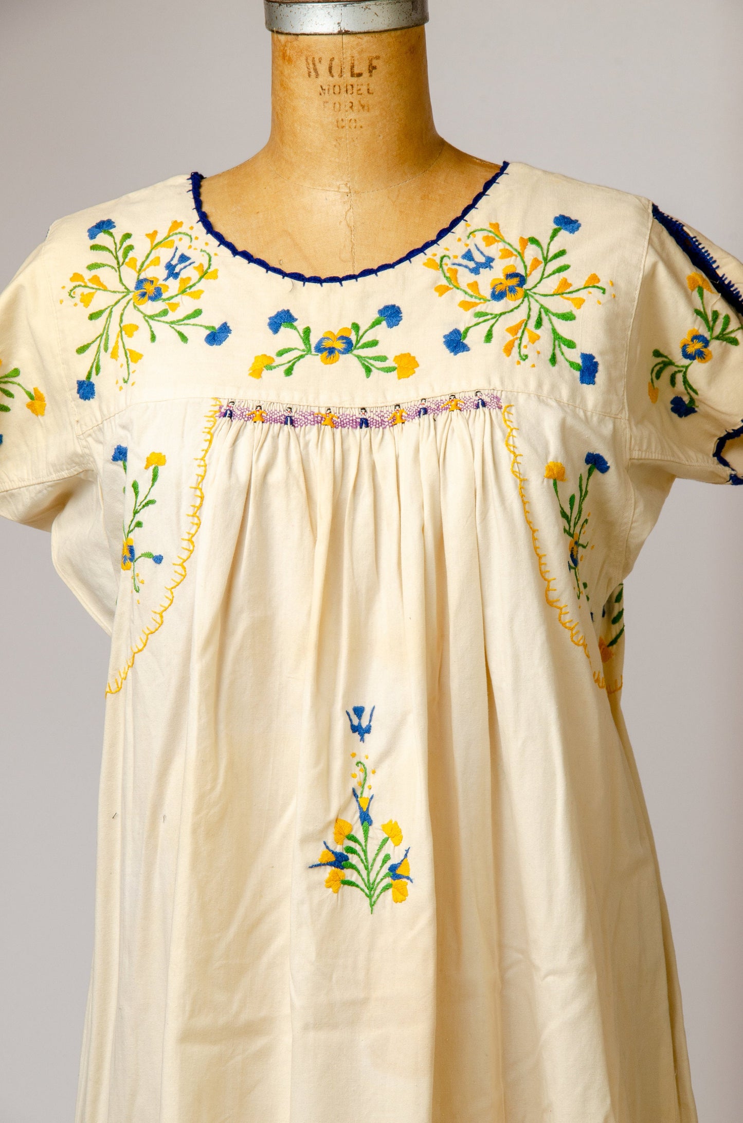 1950s Mexican Embroidered Dress Cotton Oaxacan Full Length Babydoll Dress