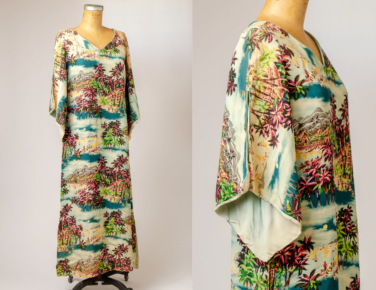 1950s Hawaiian Caftan Dress Rayon Aloha Souvenir Kimono Style Dress