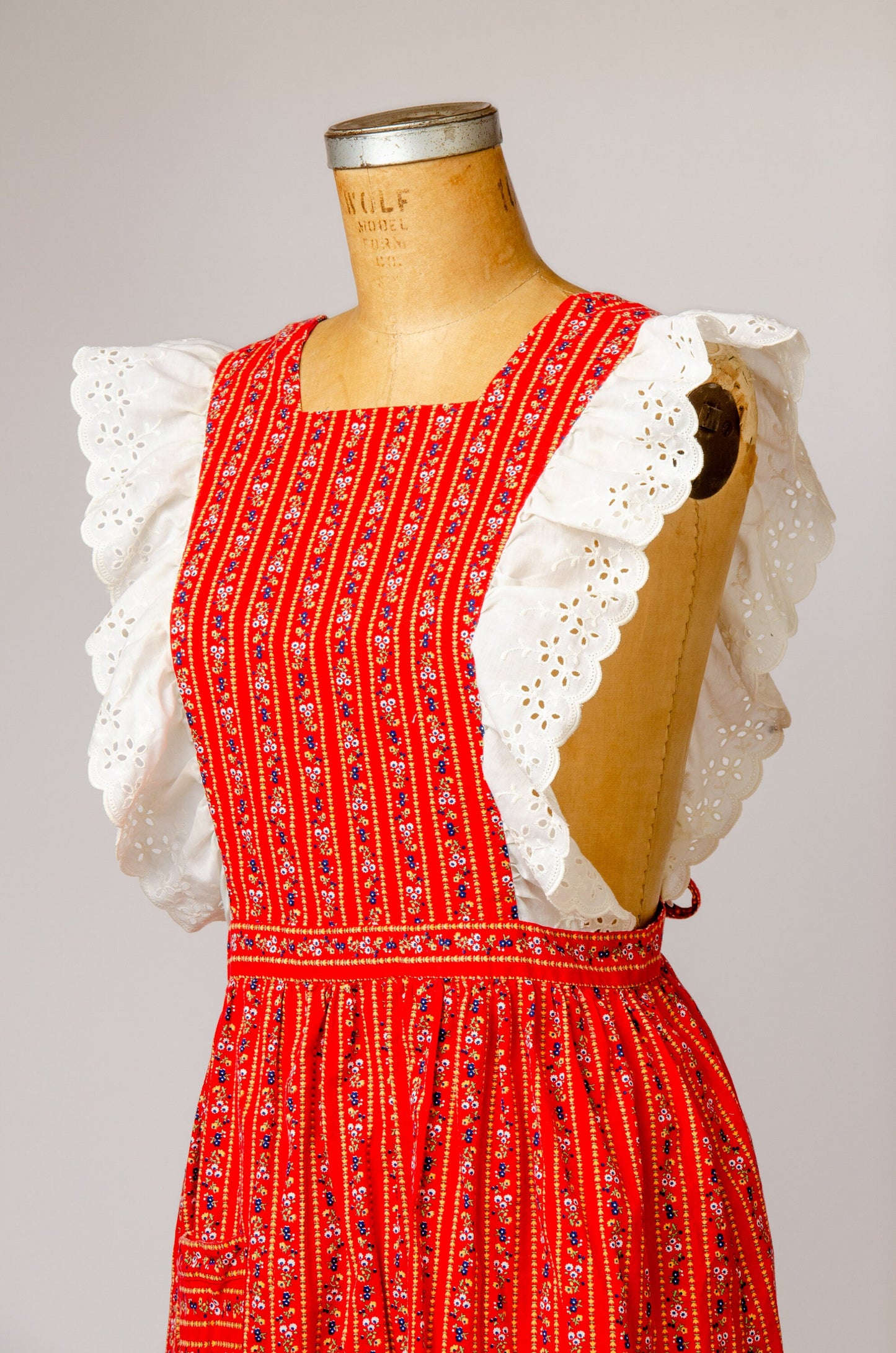 1970s Folk Dress Red Floral Country Western Apron Dress