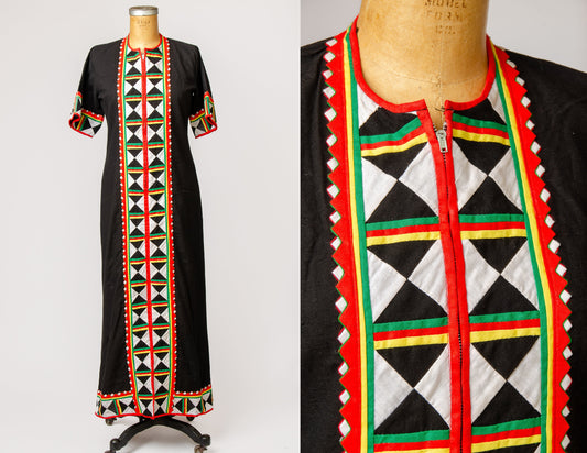 1970s Geometric Cotton Dress Thai Patchwork  Bohemian Maxi Dress