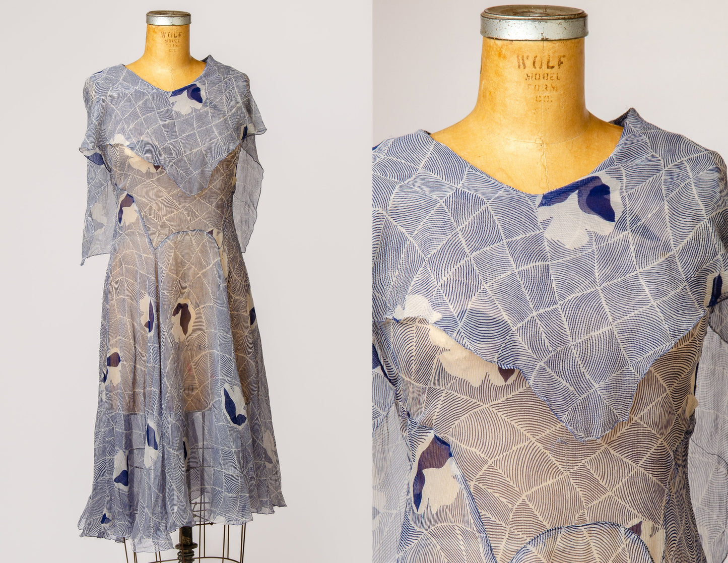 1920s Silk Floral Flapper Dress Sheer Blue Drop Waist Dress