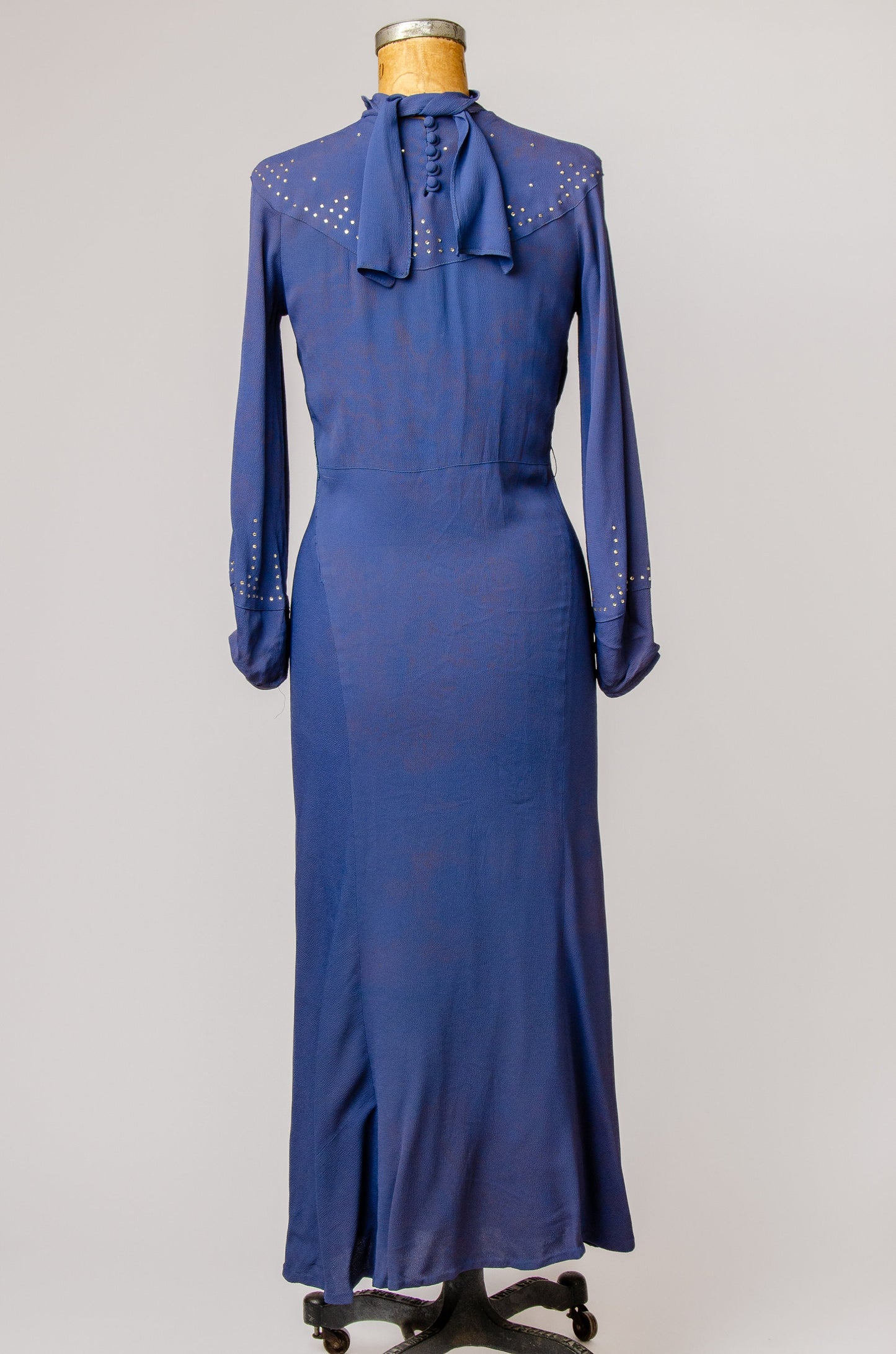 1940s Rhinestone Deco Dress Blue Rayon Full Length Balloon Sleeve Dress