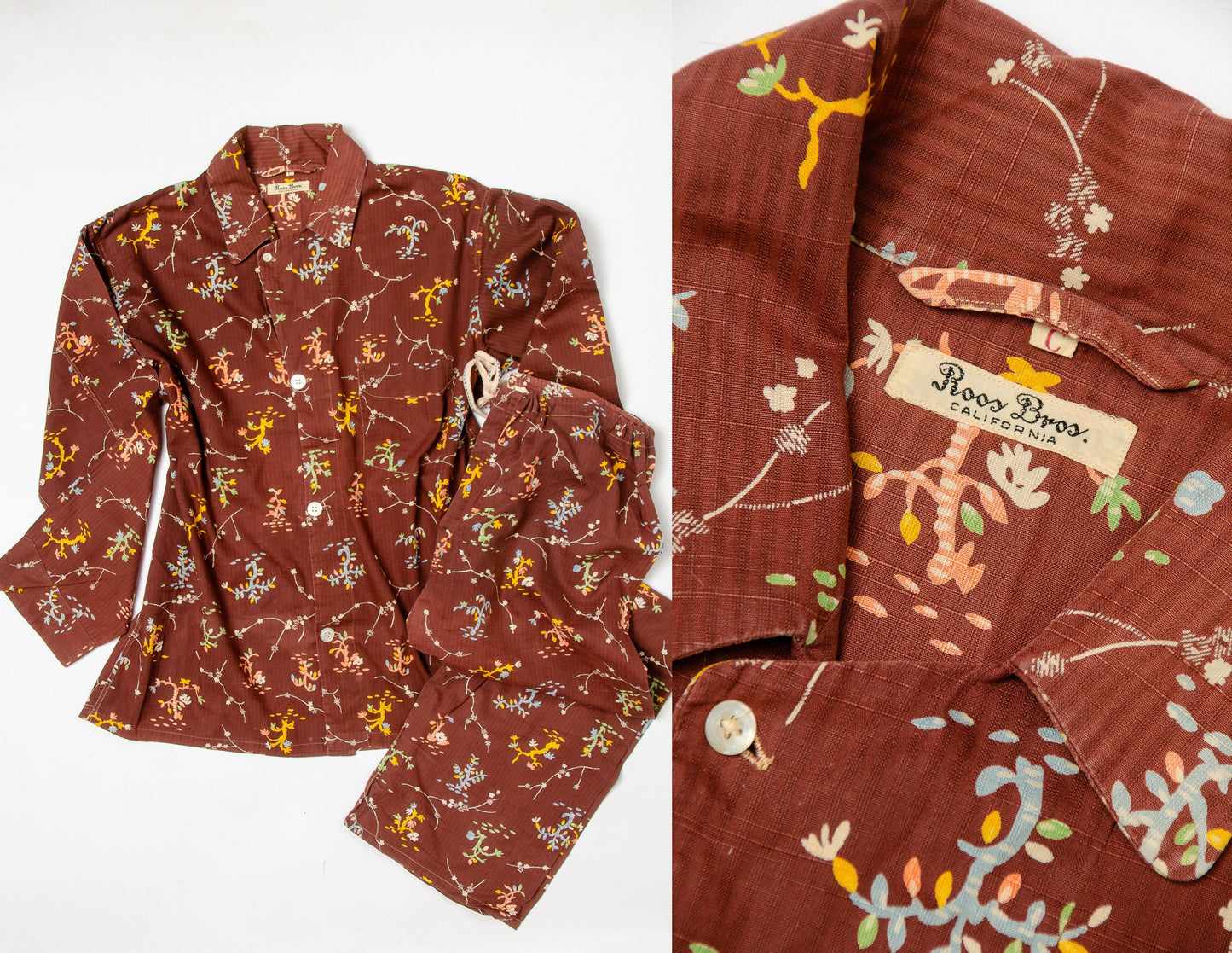 1940s Lounge Set Roos Bros Brown Floral Cotton Art Deco Pajama Set