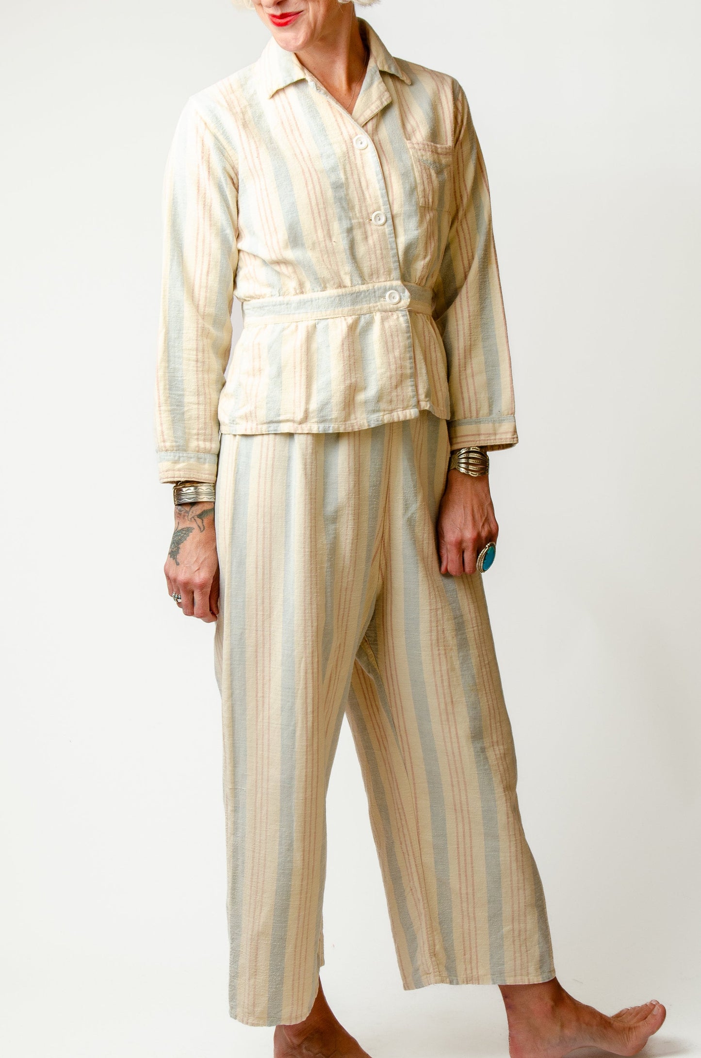 1940s Flannel Lounge Set Striped Cotton Deco Pajama Set