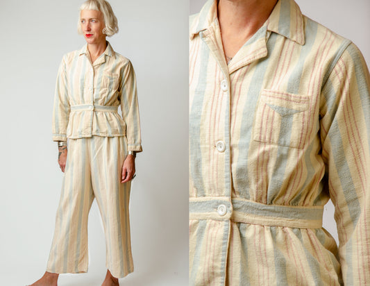 1940s Flannel Lounge Set Striped Cotton Deco Pajama Set