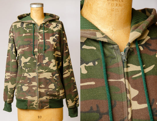 1990s Camo Hoodie Army Green Zip Up Camouflage Hooded Sweatshirt