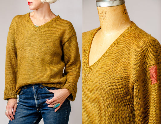 1950s Distressed Sweater Green Wool Hand Repaired Pullover Sweater