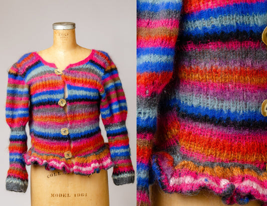 1970s Mohair Peplum Striped Glam Sweater Fuzzy Knit Cardigan