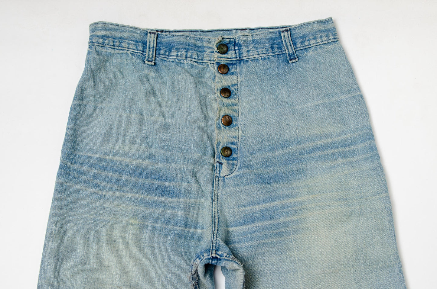 1970s Distressed Bell Bottoms High Waisted Blue Denim Flared Jeans 29 x 31