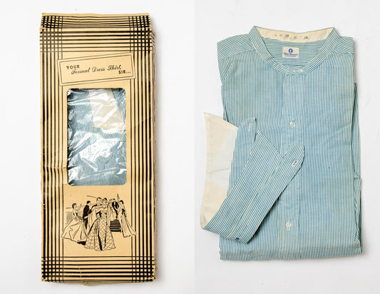 1910/1920 Side Gusset Collarless Shirt Van Heusen Sanforized Blue Pinstripe Cotton Dress Shirt