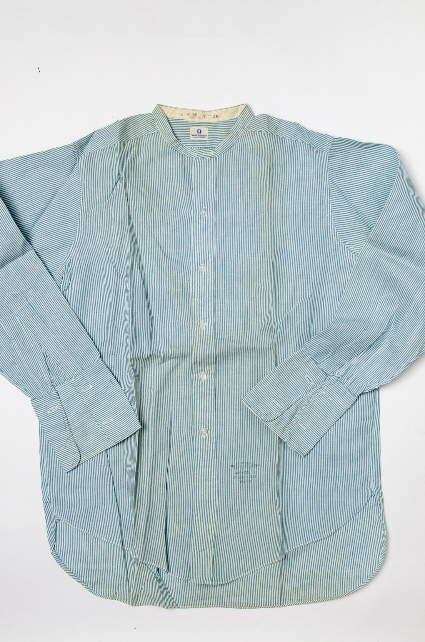 1910/1920 Side Gusset Collarless Shirt Van Heusen Sanforized Blue Pinstripe Cotton Dress Shirt