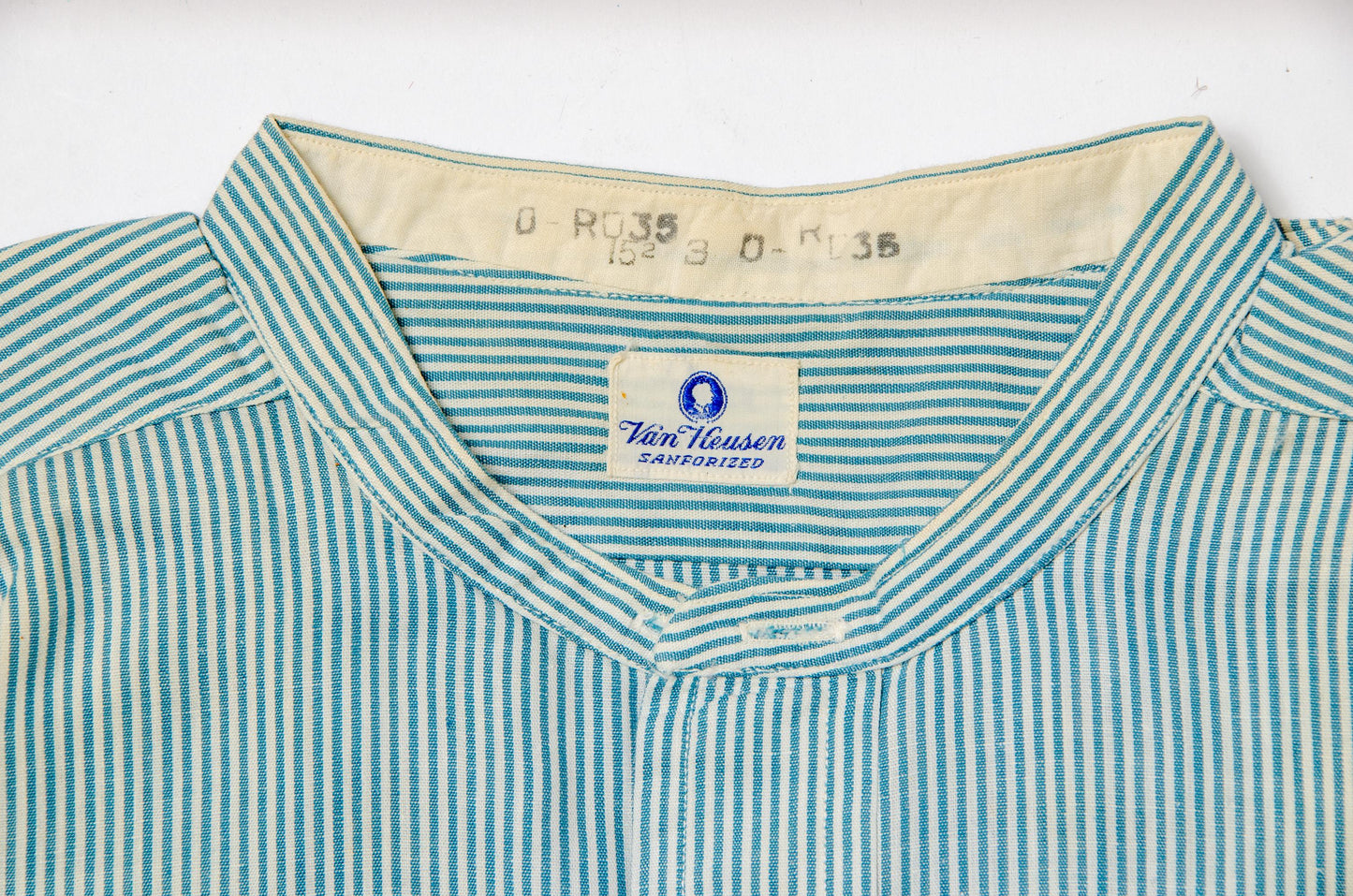 1910/1920 Side Gusset Collarless Shirt Van Heusen Sanforized Blue Pinstripe Cotton Dress Shirt