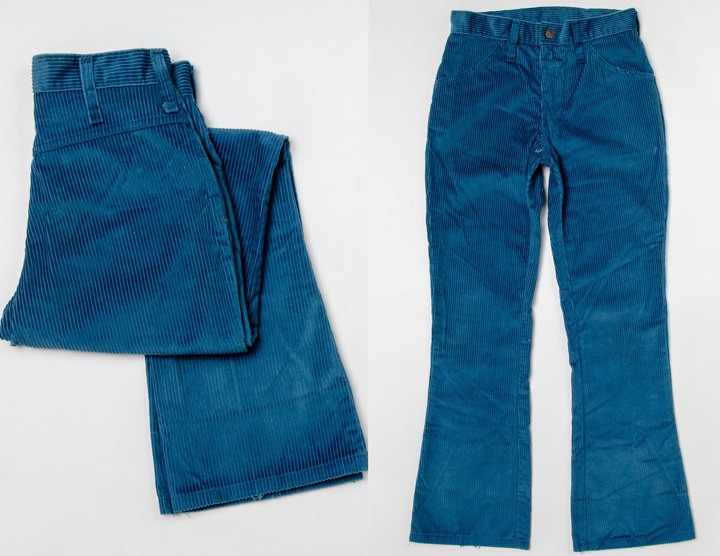 1970s Corduroy High Waisted Pants Blue Flared Cords 26 x 27.5