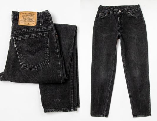 1980s Levis Faded Black Denim 950 USA Tapered Mom Jeans 30 x 30