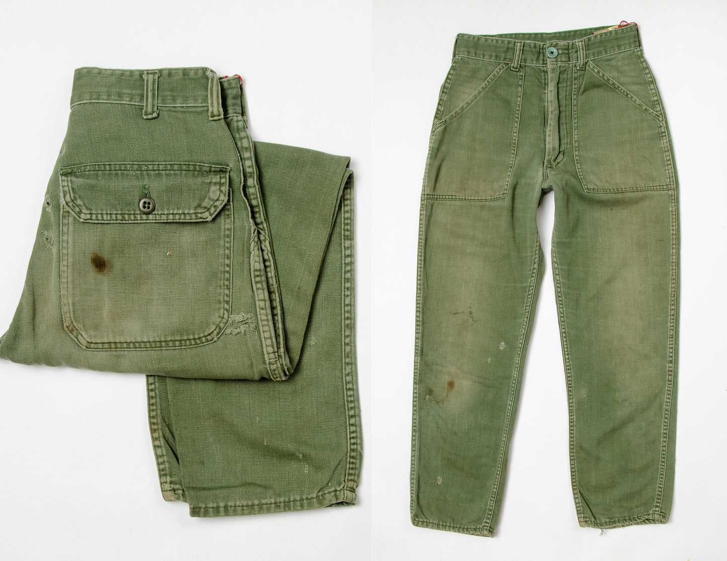 1960s US Army Pants Vietnam War Era OG-107 Cotton Sateen Utility Trousers 26 x 27