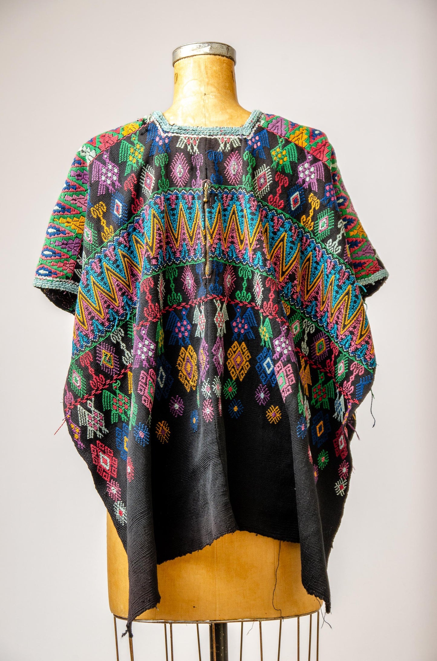 Antique Guatemalan Huipil Blouse Black Hand Woven Traditional Poncho Top