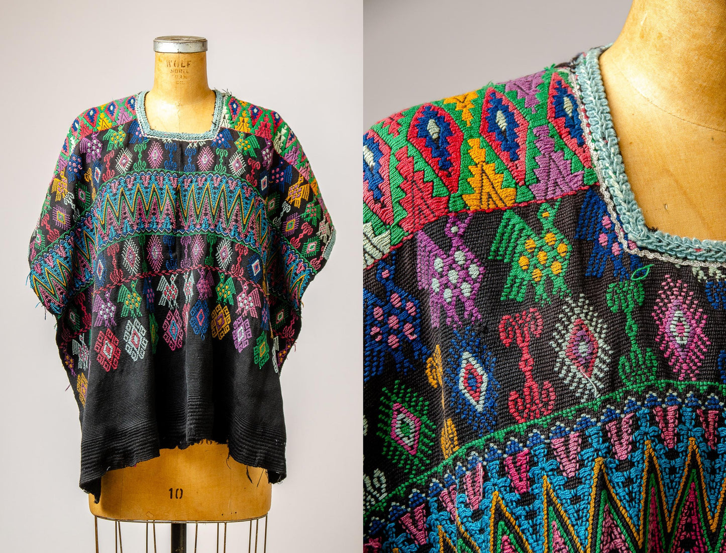 Antique Guatemalan Huipil Blouse Black Hand Woven Traditional Poncho Top