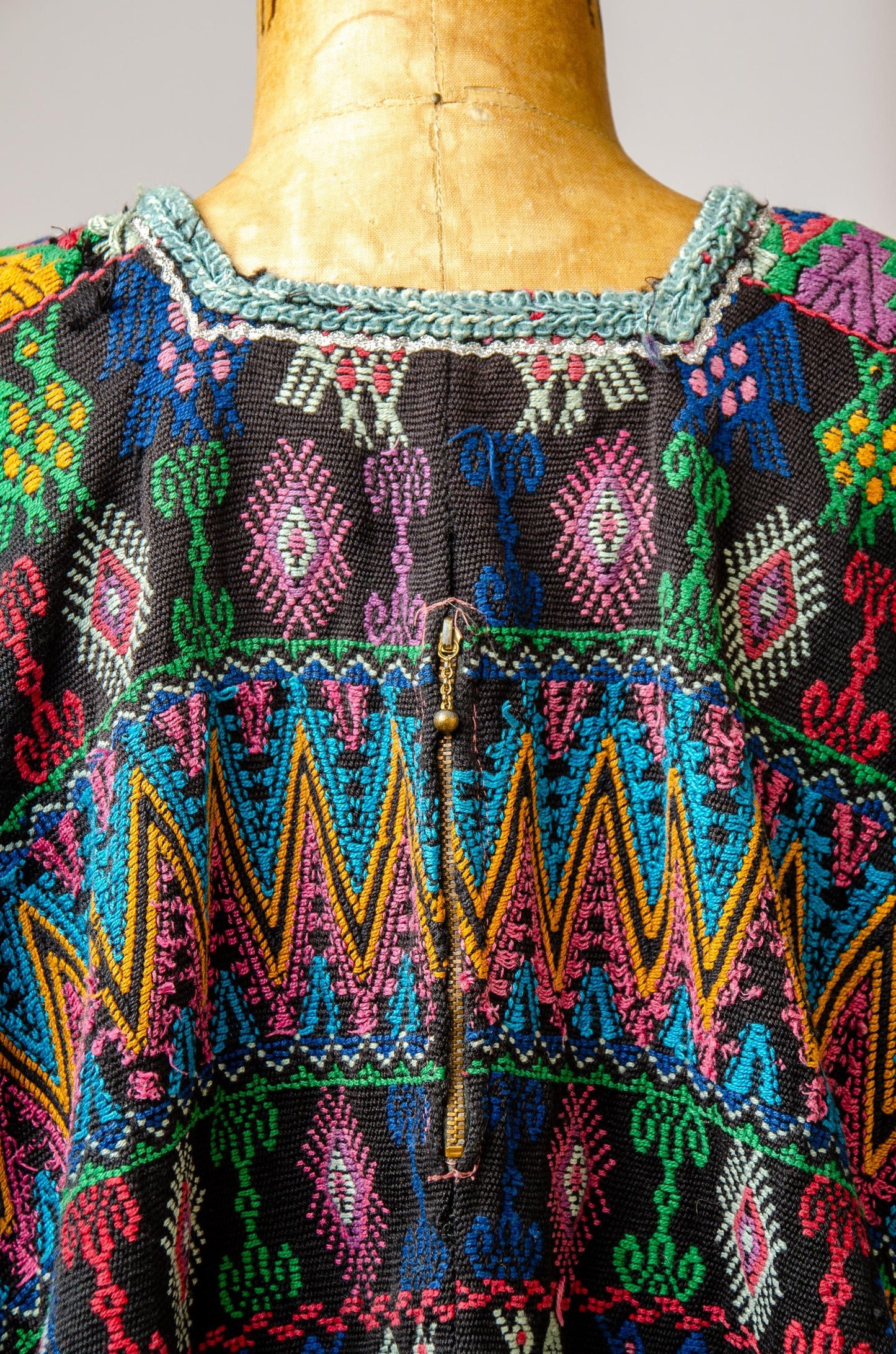 Antique Guatemalan Huipil Blouse Black Hand Woven Traditional Poncho Top