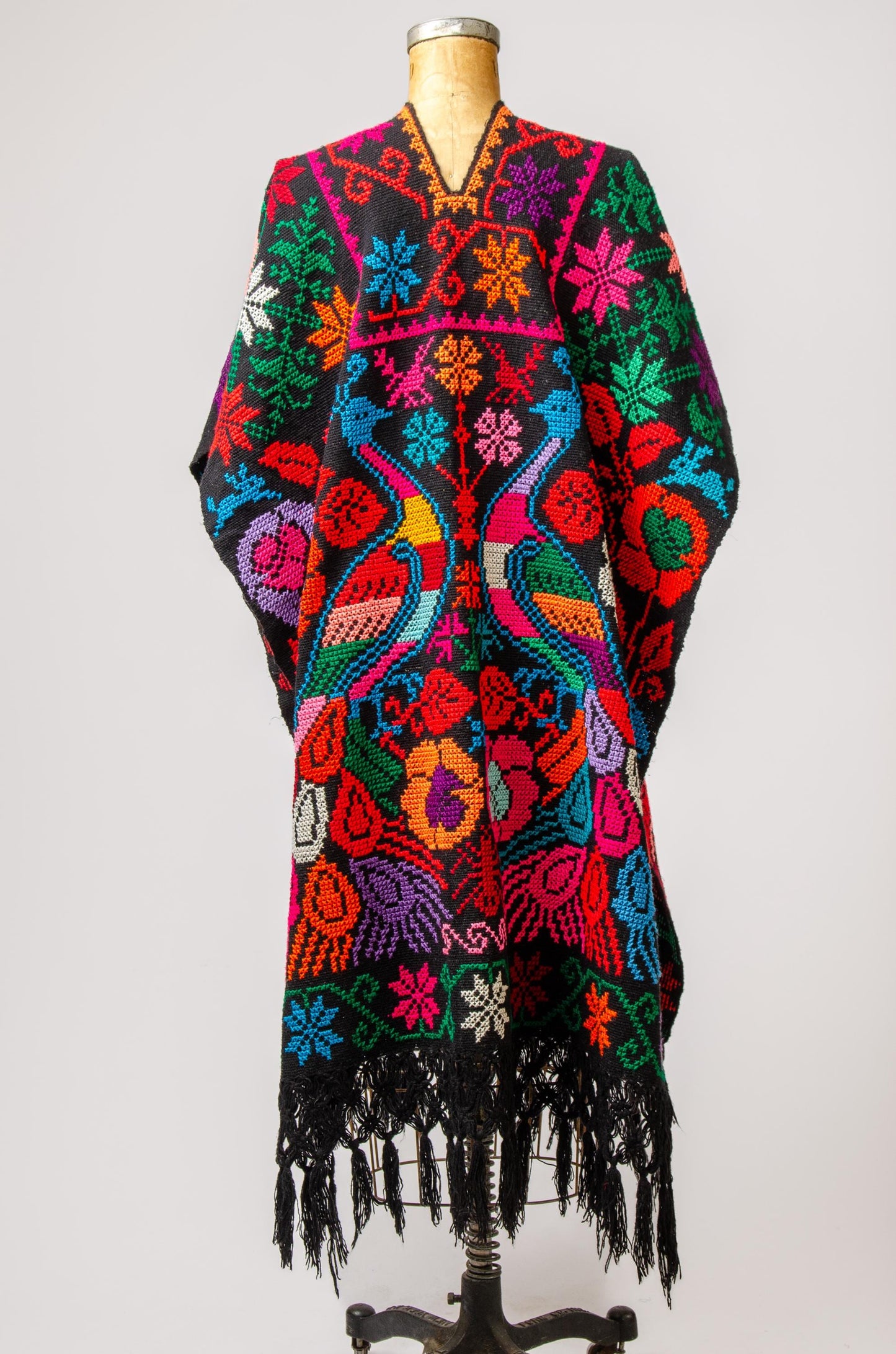 Vintage Peacock Embroidered Poncho Handwoven Bohemian Cape Jacket