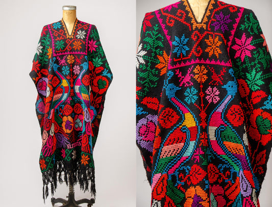 Vintage Peacock Embroidered Poncho Handwoven Bohemian Cape Jacket