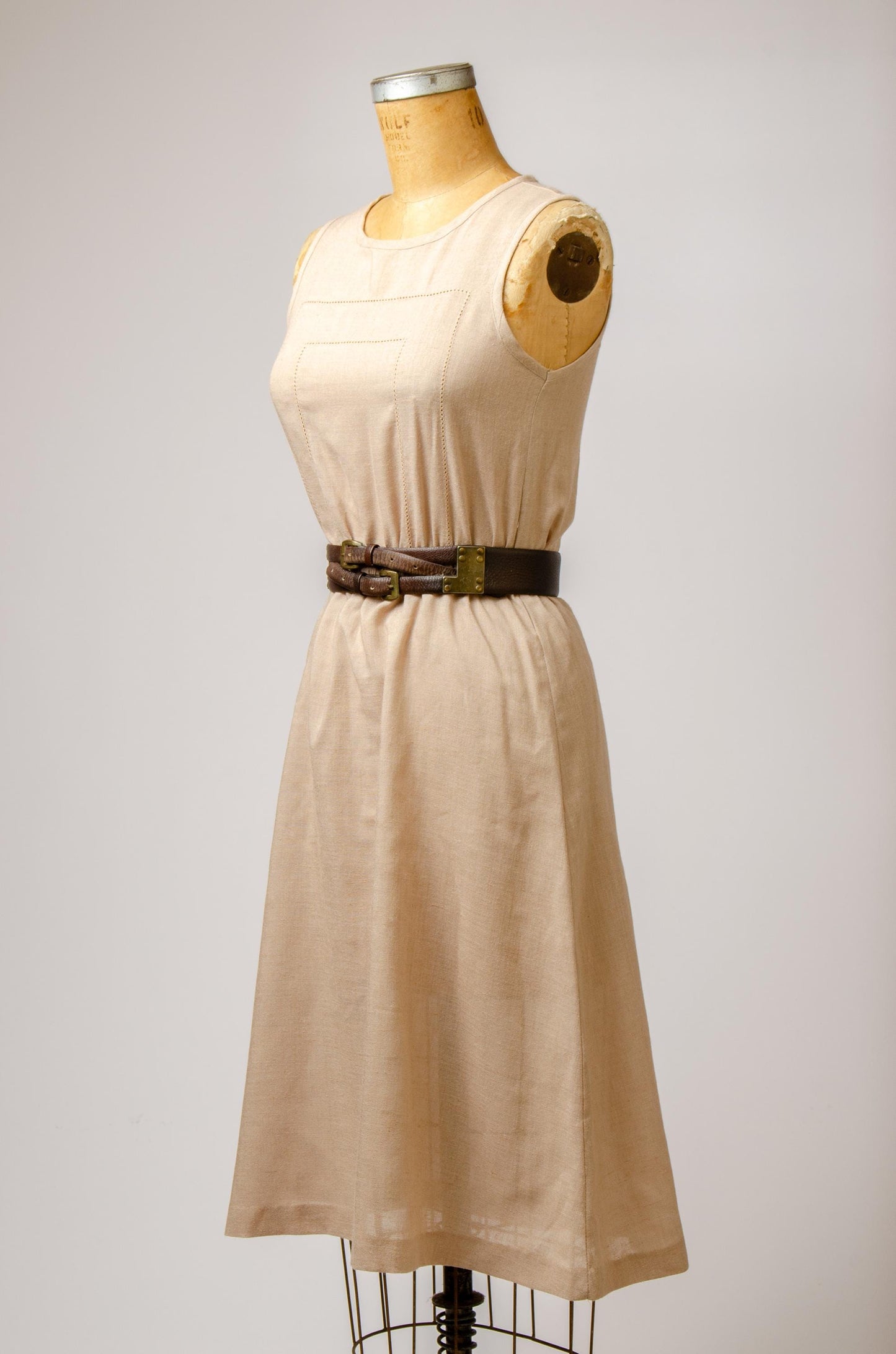 1970s Flax Linen Dress Empire Waist Sleeveless Midi Dress