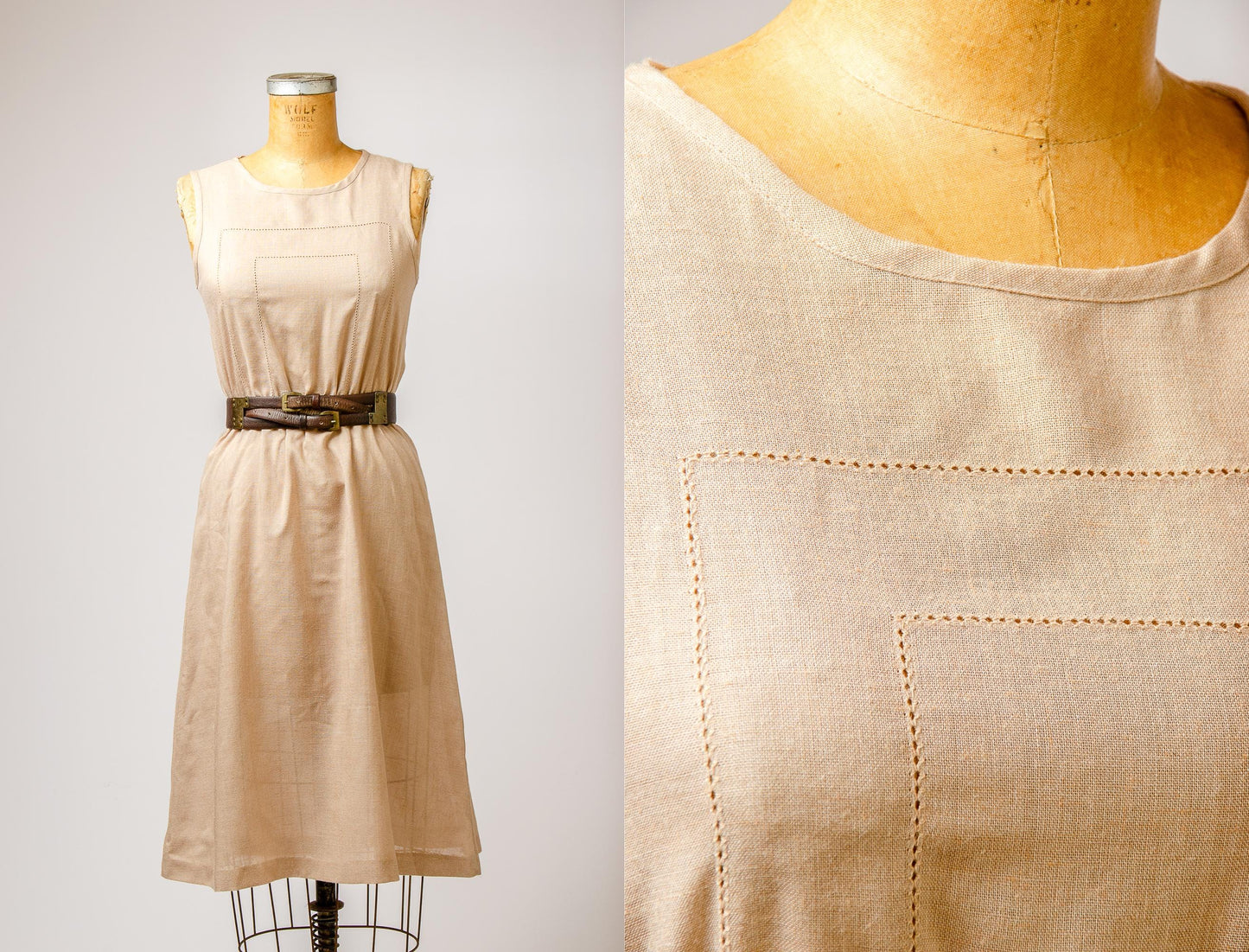 1970s Flax Linen Dress Empire Waist Sleeveless Midi Dress