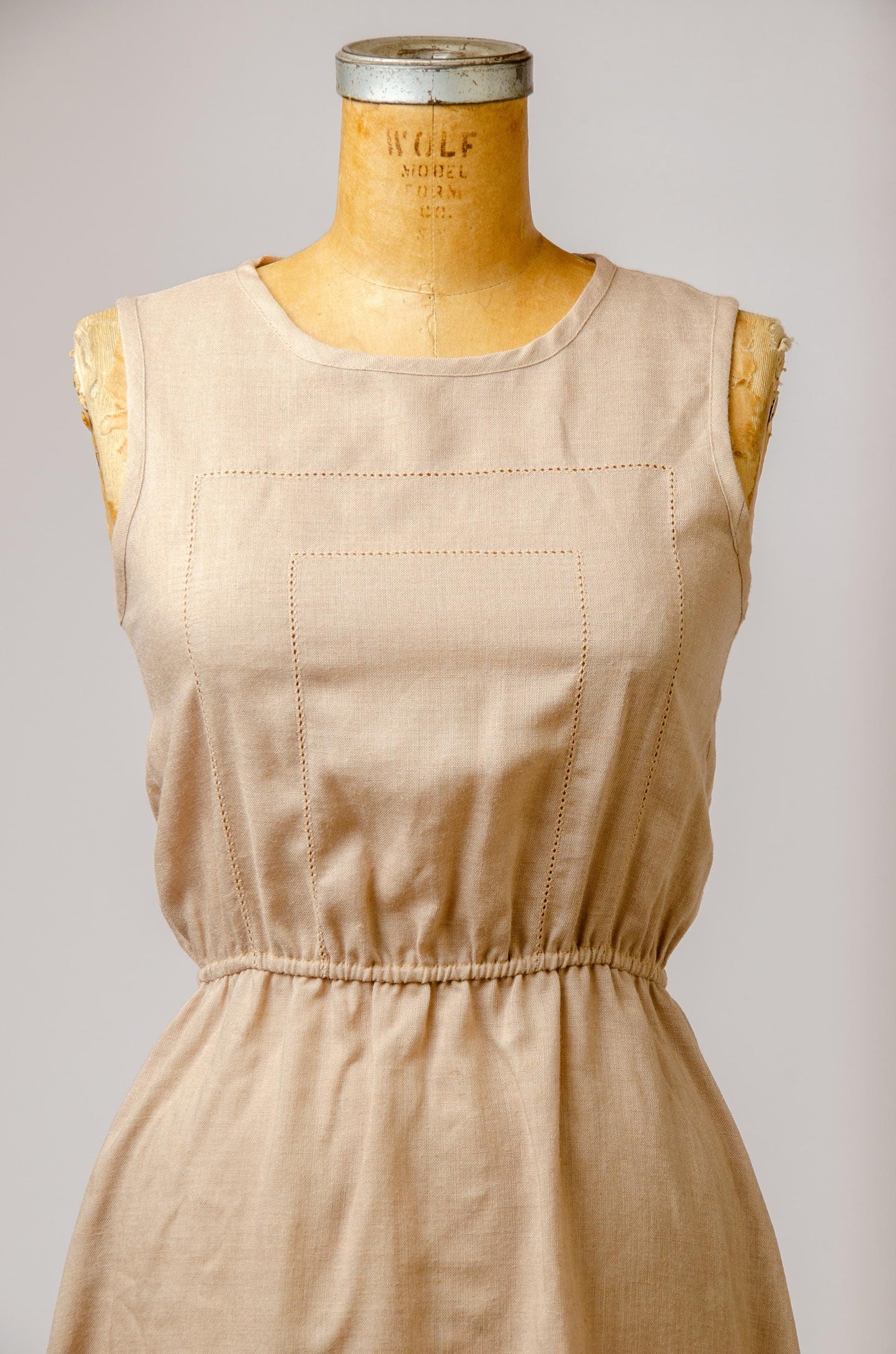 1970s Flax Linen Dress Empire Waist Sleeveless Midi Dress