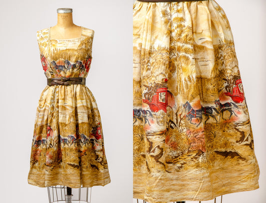 1950s Scenic Print Horse and Carriage Cotton Sleeveless Dress